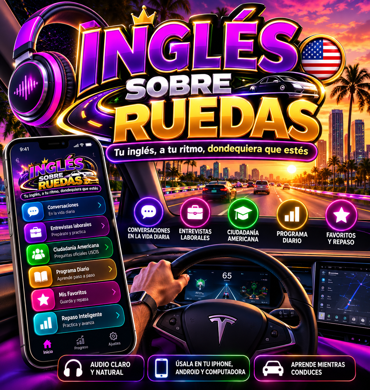 Portada oficial de Inglés sobre Ruedas: auriculares, carretera y módulos de aprendizaje